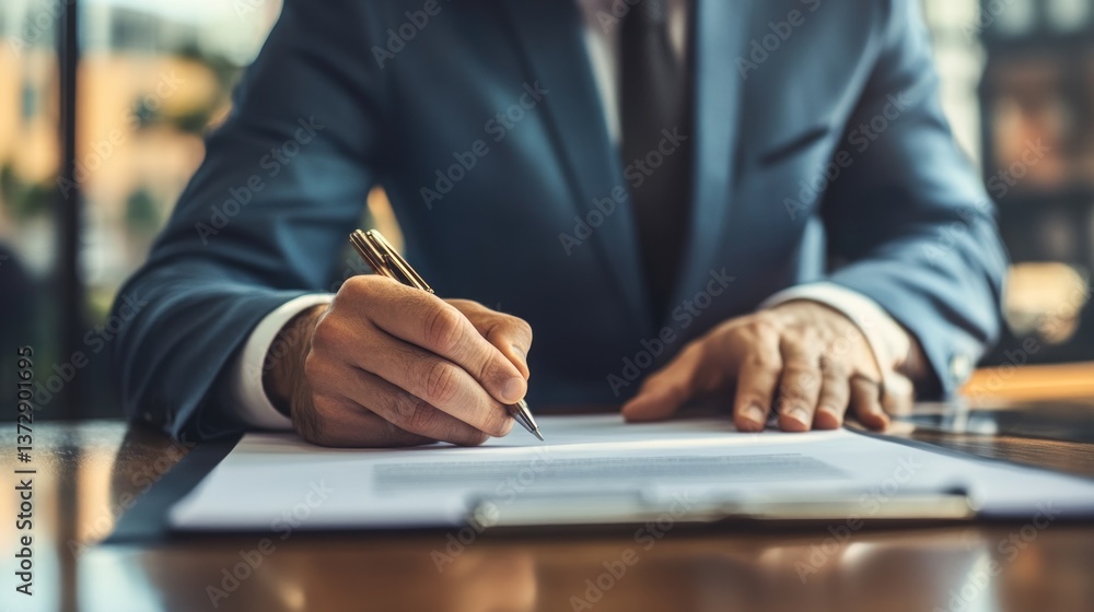 Businessman finalizing agreement with signature using golden pen on document Businessman finalizing agreement with signature using golden pen on document