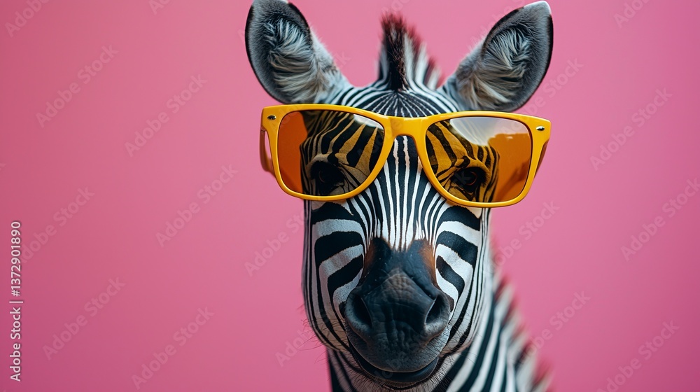 A zebra wearing yellow sunglasses on a pink background A zebra wearing yellow sunglasses on a pink background