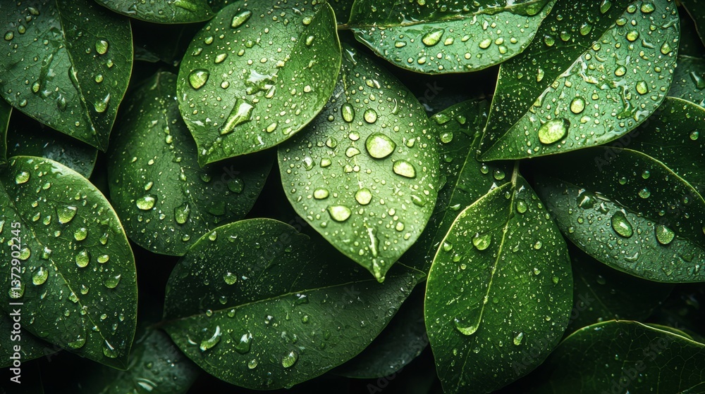Fototapeta premium A bunch of green leaves with water droplets on them