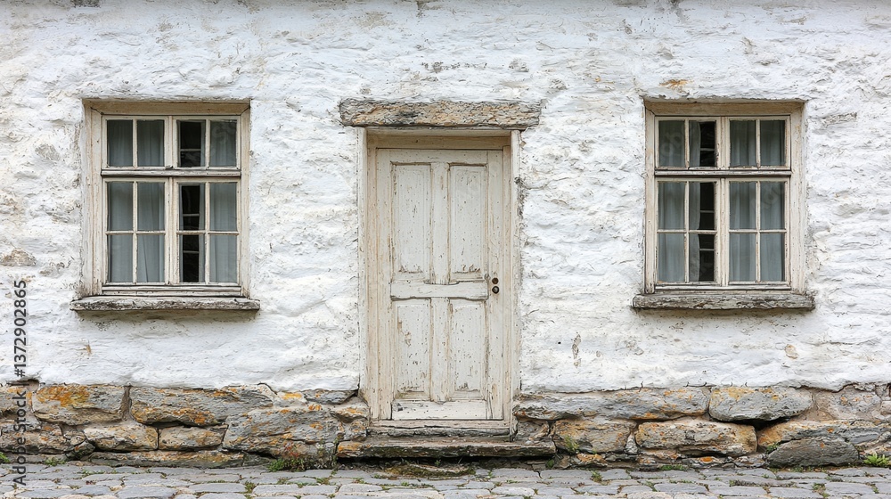 A white door and two windows on a stone building A white door and two windows on a stone building