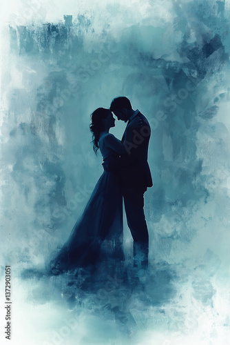 Silhouetted couple embracing with soft blue background