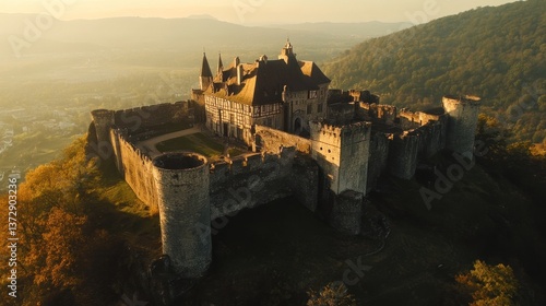 Majestic medieval castle atop a hill, shrouded in a golden light haze at dawn