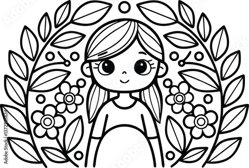 Line Art Girl with Ponytails Surrounded by Floral Branches and Flowers Drawing