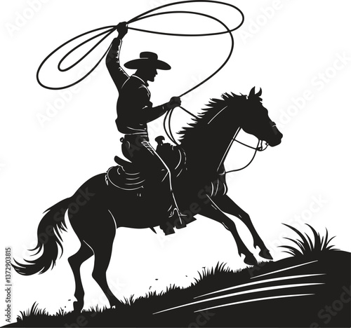  Cowboy Silhouette with Lasso on Horse – Rodeo, Western, Wild West Vector