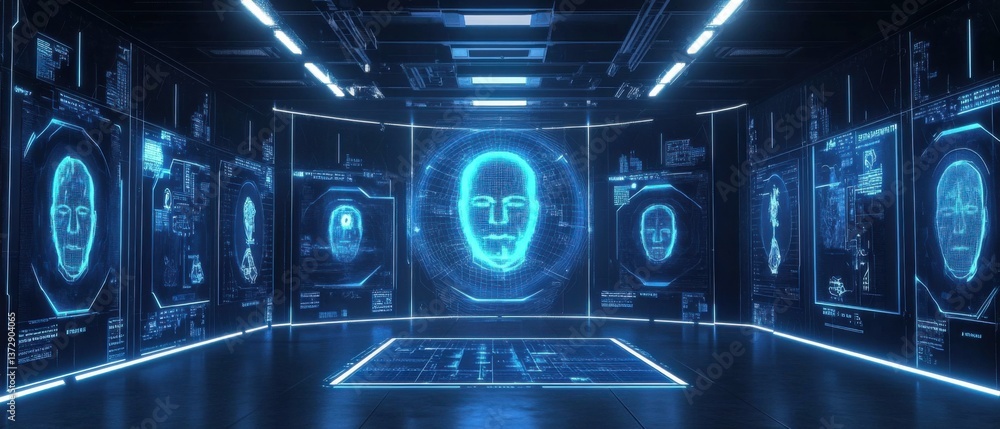 Cybersecurity experts analyzing AI generated deepfake threats, futuristic digital forensics lab with facial recognition software, High-tech style Cybersecurity experts analyzing AI generated deepfake threats, futuristic digital forensics lab with facial recognition software, High-tech style