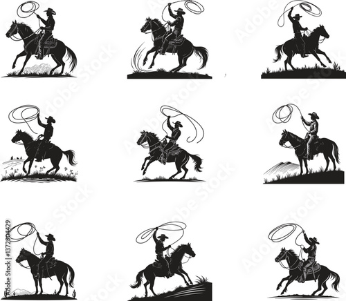  Cowboy Silhouette with Lasso on Horse – Rodeo, Western, Wild West Vector