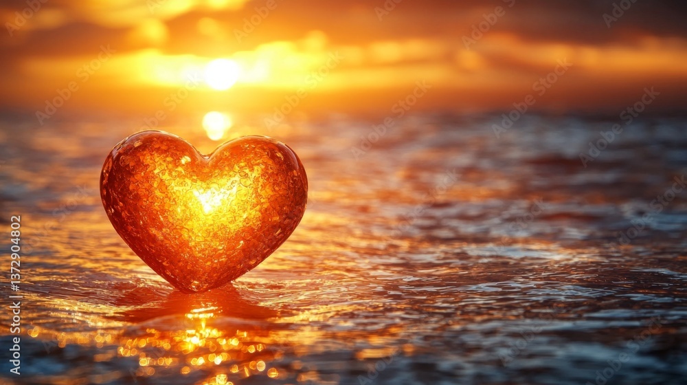 Fototapeta premium A heart shaped glass heart floating in the water at sunset