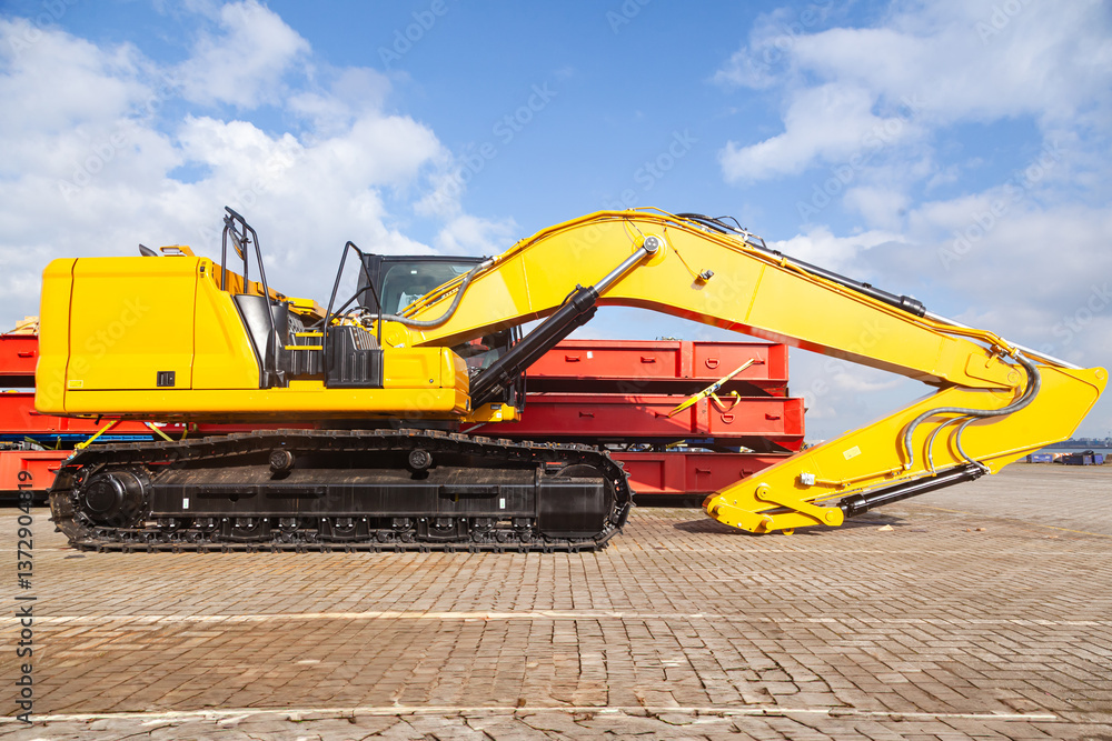 Obraz premium New yellow crawler excavators are parked on the site.
