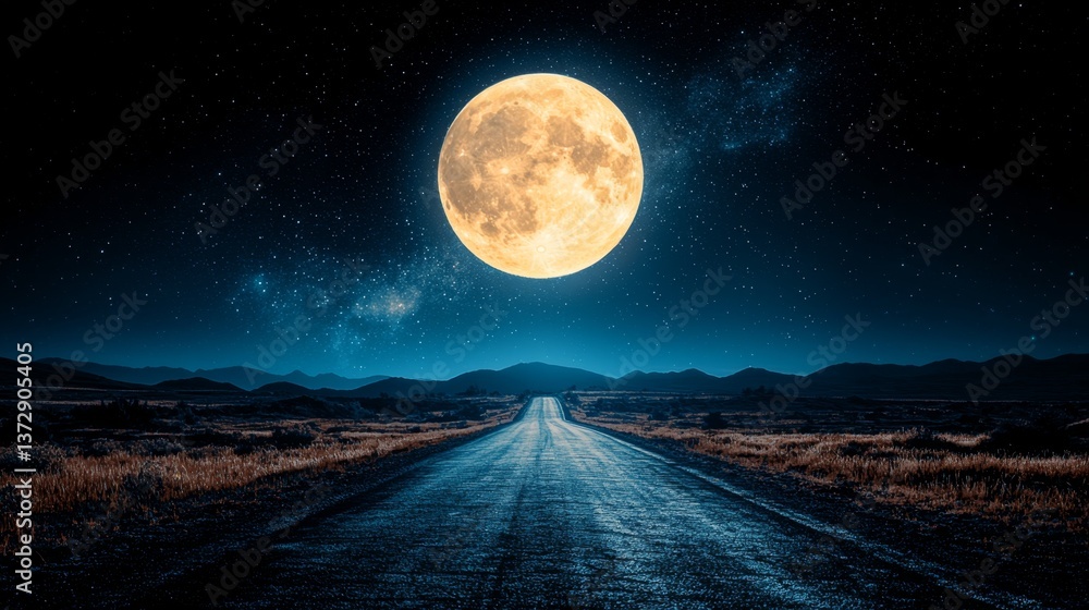 Fototapeta premium A long empty road in the middle of a field under a full moon