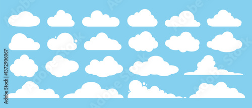 A set of white clouds of different shapes on a blue background. Vector illustration.
