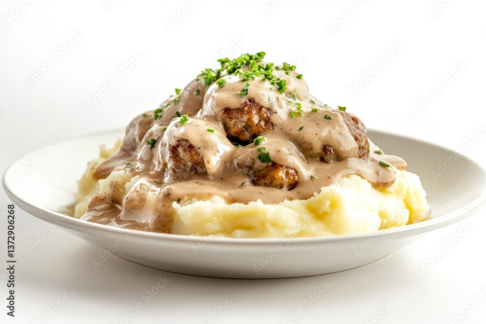 Beautifully arranged Swedish meatballs served with creamy sauce on an elegant plate at dining table Beautifully arranged Swedish meatballs served with creamy sauce on an elegant plate at dining table