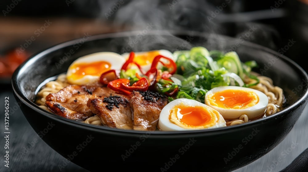 A vibrant bowl of ramen served with a spicy garnish, tender pieces of pork, and soft-boiled eggs, making it a visually appealing and flavorful meal perfect for any occasion. A vibrant bowl of ramen served with a spicy garnish, tender pieces of pork, and soft-boiled eggs, making it a visually appealing and flavorful meal perfect for any occasion.