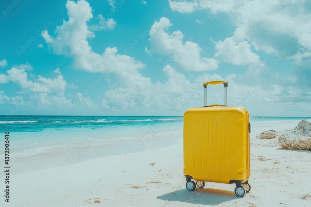 Modern yellow suitcase with wheels placed on turquoise backdrop Modern yellow suitcase with wheels placed on turquoise backdrop