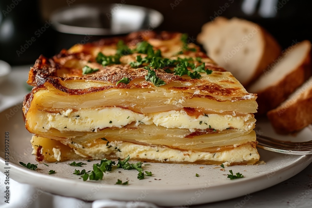 Delicious Golden Potato Tortilla Slice with Crispy Edge and Detailed Creamy Interior Layering for Tasty Presentation Delicious Golden Potato Tortilla Slice with Crispy Edge and Detailed Creamy Interior Layering for Tasty Presentation