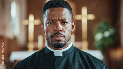 This striking image features a male clergyman dressed in black, exuding determination and strong presence, emphasizing the depth of character and leadership under subdued lighting.