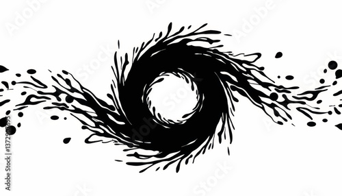 Abstract black swirl design with fluid motion and dynamic energy displayed on a white background