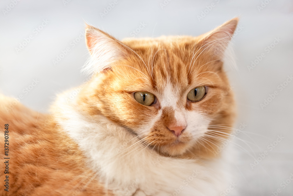 Portrait of a beautiful red cat with yellow eyes, looking forward. Cute pets Portrait of a beautiful red cat with yellow eyes, looking forward. Cute pets