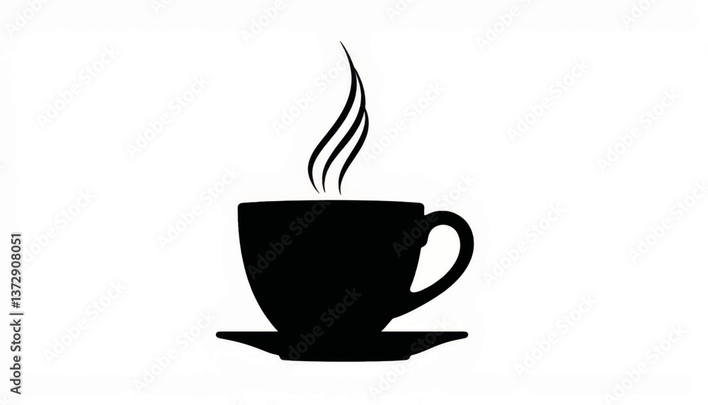 Hot cup of coffee steam rising from the mug on a saucer in a cozy coffee shop setting