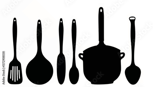 Kitchen utensils and cookware arranged in silhouette against a blank background