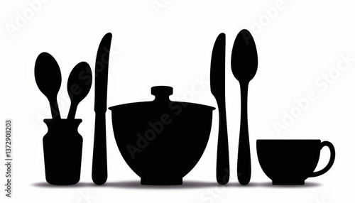 Elegant arrangement of cutlery and dishware as a silhouette on a white background