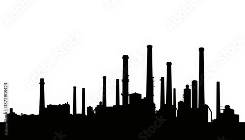 Factory skyline with smokestacks against a white background during early morning light