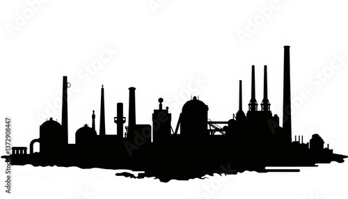Industrial silhouette showcasing factories and smokestacks during dusk with a stark black outline against the sky