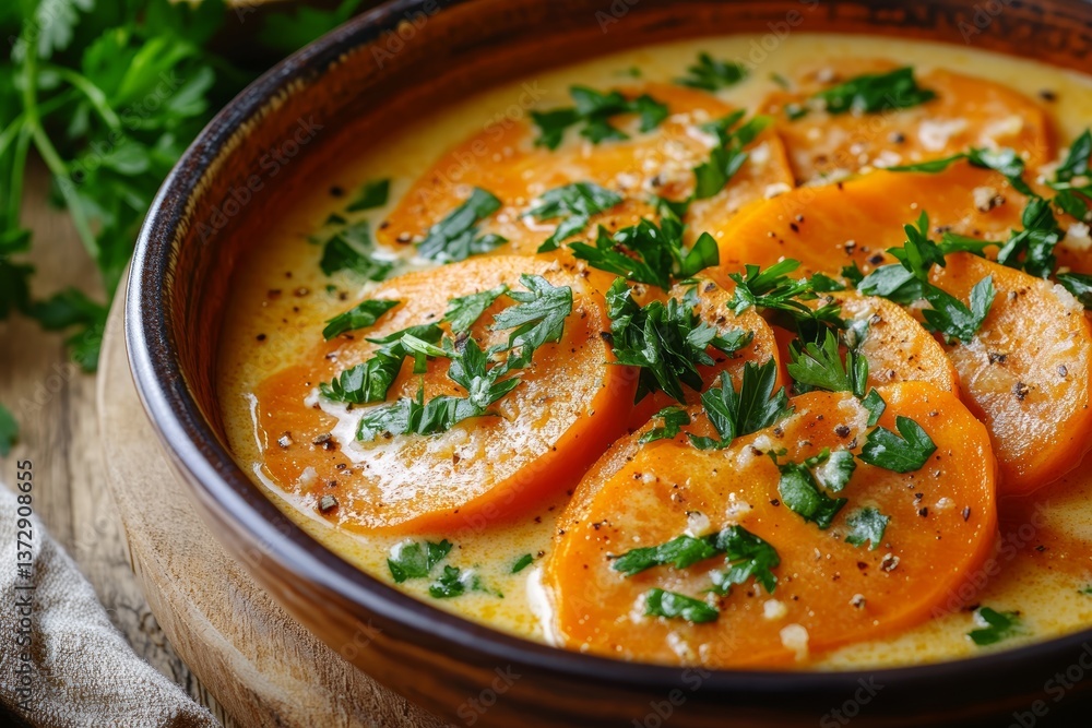 Exquisite plated dish featuring soft carrot slices in a rich creamy milk sauce with subtle nutmeg accents Exquisite plated dish featuring soft carrot slices in a rich creamy milk sauce with subtle nutmeg accents