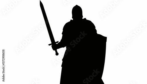 Silhouette of a medieval warrior holding a sword in a defensive stance at dusk