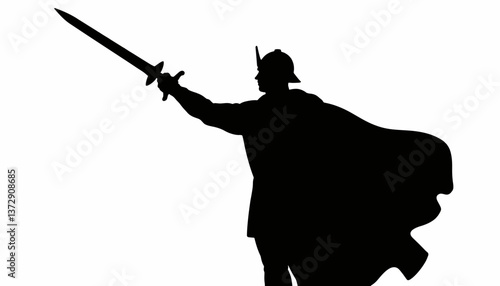 Historic warrior raising sword in heroic pose against a white background