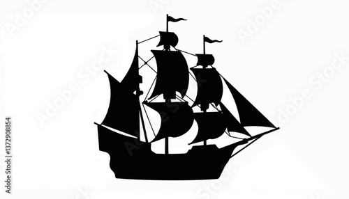 Silhouette of a historical sailing ship with multiple sails and flags against a plain background