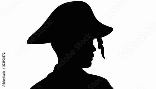 Silhouette of a historical figure wearing a hat in profile view during a reenactment event in a park