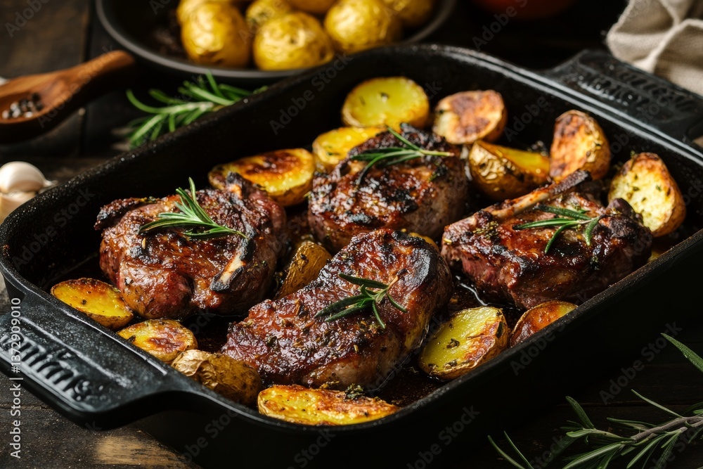 Golden Brown Roasted Lamb in a Rustic Black Roasting Pan with Fresh Rosemary and Garlic Detail Golden Brown Roasted Lamb in a Rustic Black Roasting Pan with Fresh Rosemary and Garlic Detail