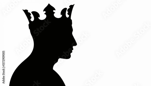 Silhouette of a royal figure wearing a crown against a plain white background highlighting majesty and nobility