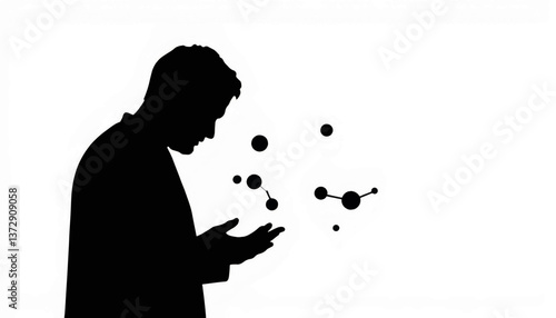 Silhouette of a man contemplating molecular structures in a creative and thought-provoking scene