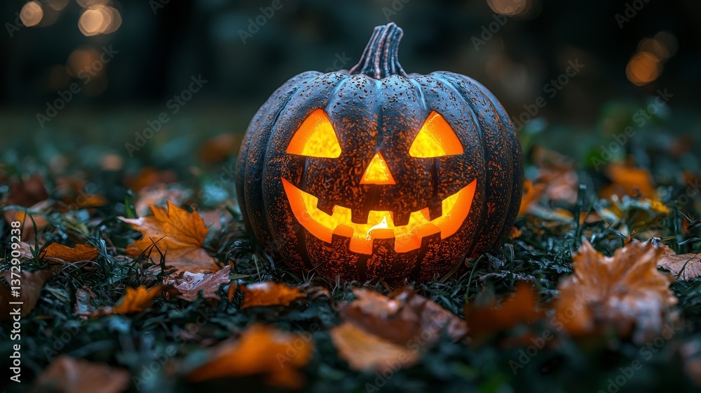 A jack-o-lantern sitting on the ground surrounded by leaves A jack-o-lantern sitting on the ground surrounded by leaves