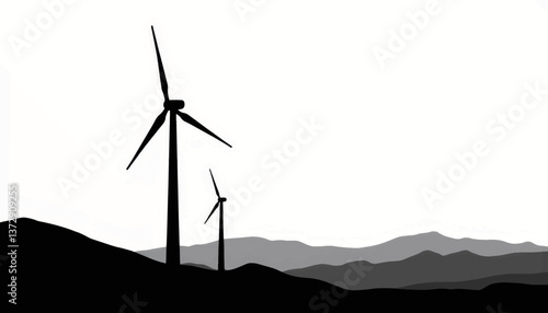 Wind turbines generate renewable energy against a backdrop of mountains during twilight hours in a serene landscape