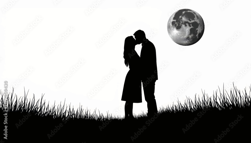 Romantic couple sharing a kiss under a full moon in a grassy field at night Romantic couple sharing a kiss under a full moon in a grassy field at night