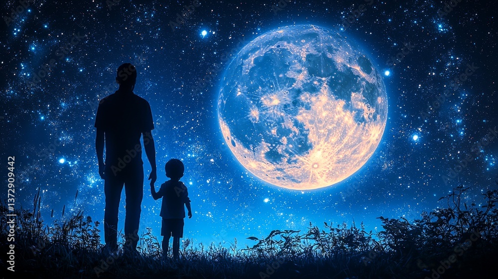 Fototapeta premium A man and a child standing in front of a full moon