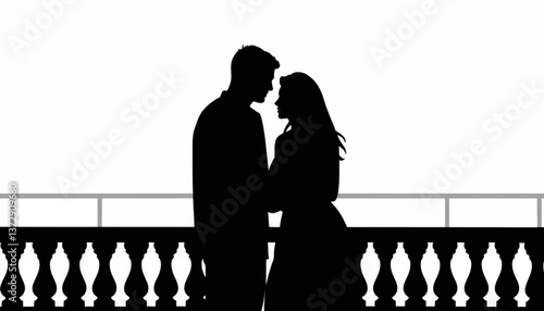Couple embraces in silhouette against a bright sky during sunset at a scenic balcony overlooking the horizon