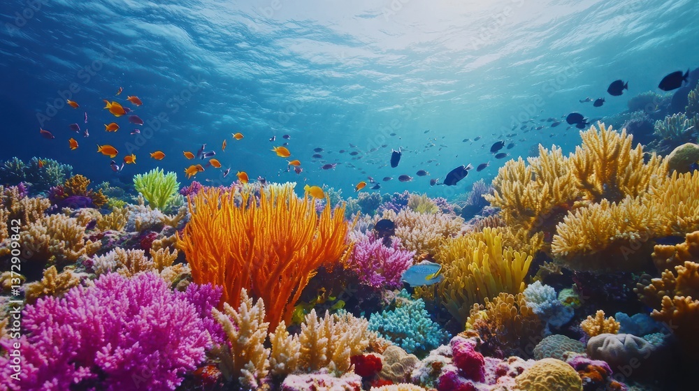 Naklejka premium Underwater paradise showcasing a vibrant coral reef teeming with marine life and colors