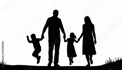 Family enjoying a playful evening walk in silhouette against a colorful sunset backdrop