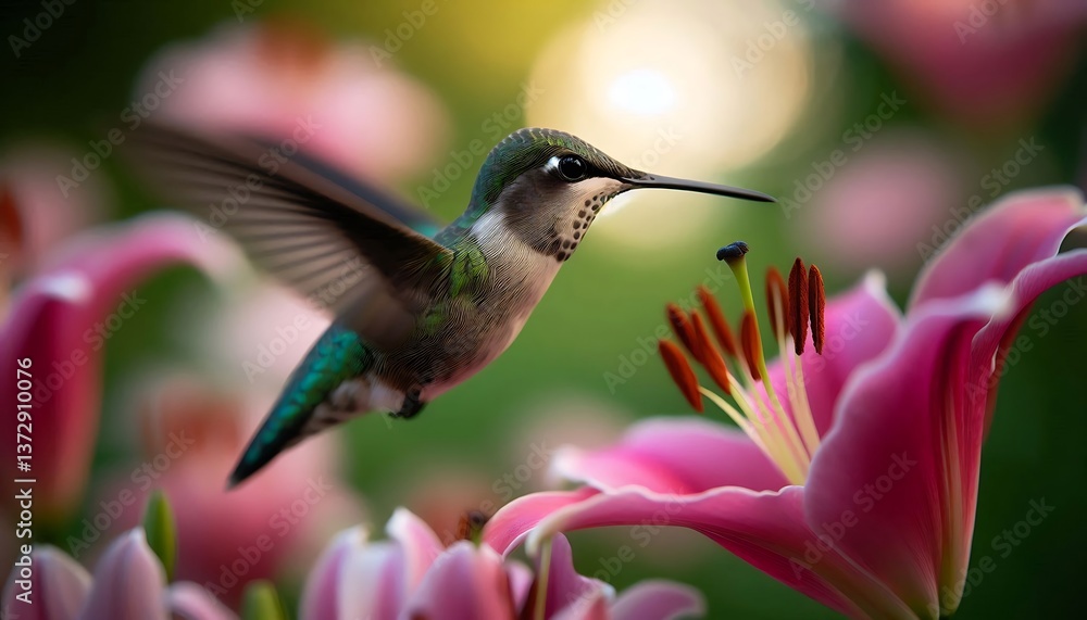 Naklejka premium A Hummingbird Hovers Gracefully Near a Pink Lily