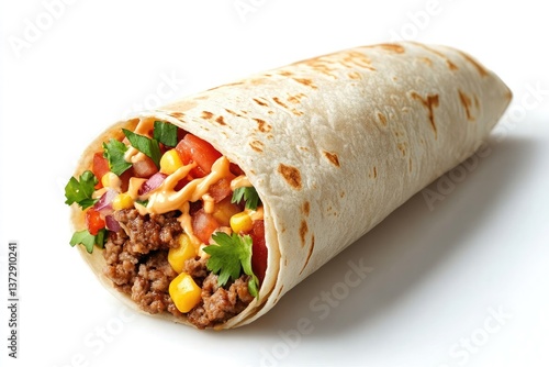 burrito with realistic texture and shadows, isolated on a white background