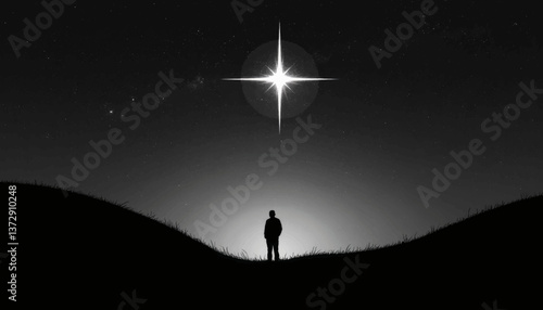Silhouette of a person gazing at a bright star in a dark night sky over rolling hills