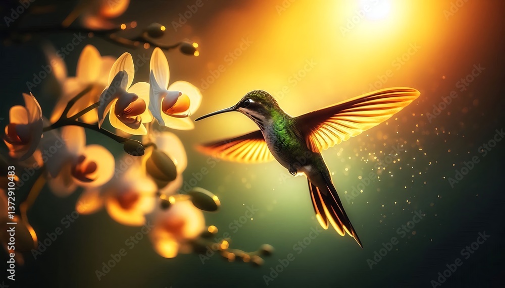 Obraz premium A hummingbird hovers amidst luminous orchids at sunrise.