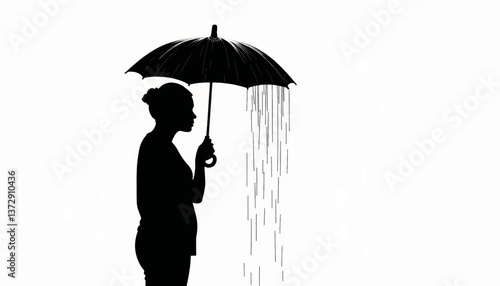Silhouette of a woman with an umbrella standing in the rain during a cloudy day