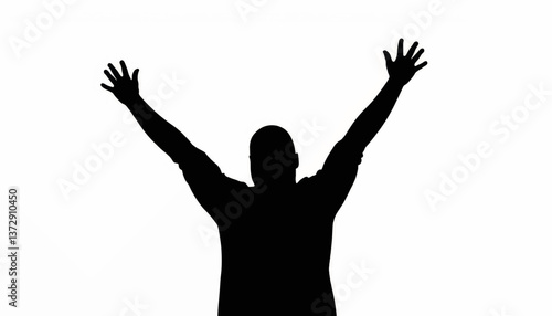 Person celebrating with raised hands against a solid backdrop during a joyful moment of triumph or gratitude