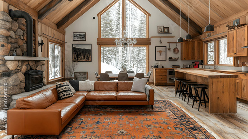 Wallpaper Mural Cozy Rustic Living Room with Leather Sofa Fireplace and Wooden Accents in Modern Mountain Home Interior Torontodigital.ca