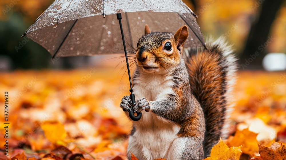 Fototapeta premium A squirrel holding an umbrella in a pile of leaves