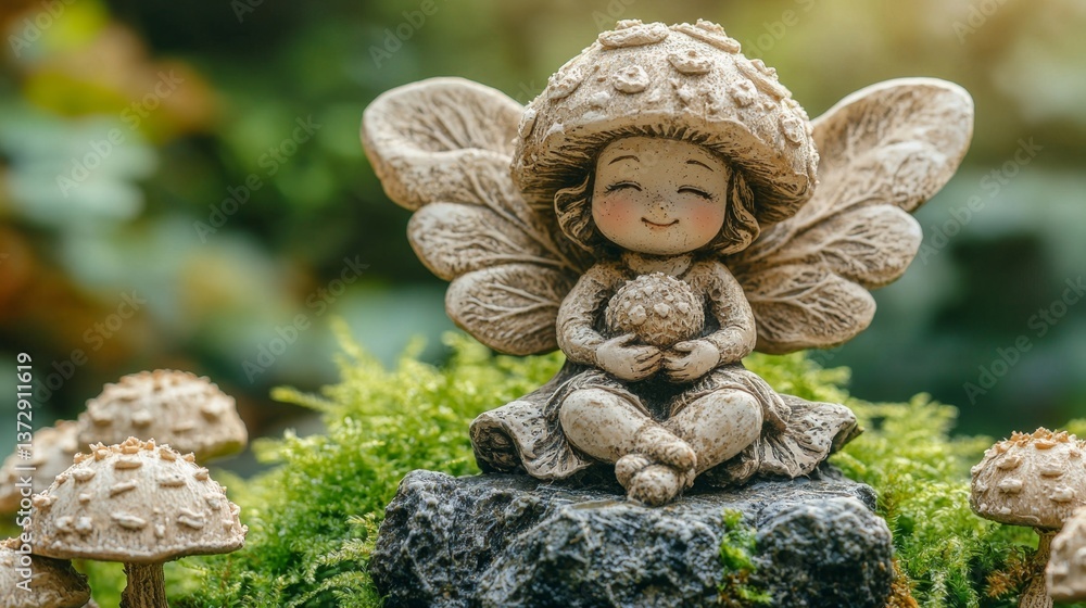A small statue of a fairy sitting on a rock surrounded by mushrooms A small statue of a fairy sitting on a rock surrounded by mushrooms
